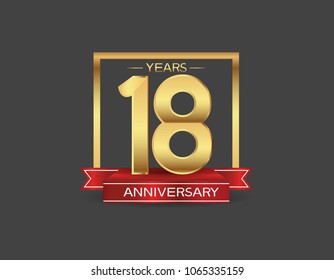 18 years anniversary design logotype golden color with square and red ribbon for celebration event isolated on black background