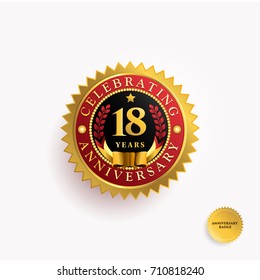 18 Years anniversary Gold and Red badge logo. Vector illustration eps.10