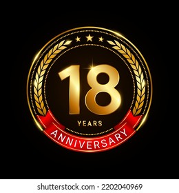 18 years anniversary, golden anniversary celebration logotype with red ribbon isolated on black background, vector illustration