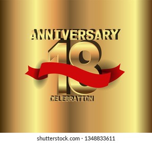 18 years Anniversary golden font with golden background and red ribbon. Red ribbon on top golden font number. Font with shadow