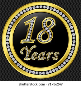 18 years anniversary golden icon with diamonds, vector illustration