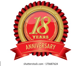 18 years anniversary golden label with ribbons.Vector