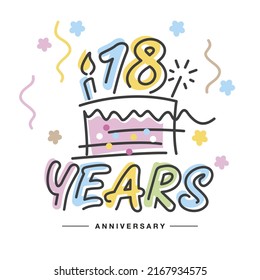 18 Years Anniversary handwritten typography lettering Greeting card with colorful big cake, sparkle firework, number, candle and confetti