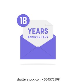 18 years anniversary icon in open envelope. concept of send sms, e-mail, decorative, feast, success, advertisement typography. flat style trend modern logotype graphic design on white background