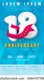 18 years anniversary invitation card or emblem - celebration template design , 18th anniversary modern design elements with  background polygon and pink ribbon - vector illustration.