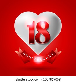 18 Years Anniversary Logo Celebration With Love And Ribbon. Valentine’s Day Anniversary.
