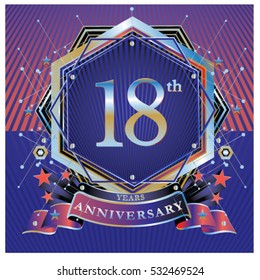 18 years anniversary logo celebration with ring and ribbon. Symbol and template for greeting card