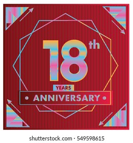 18 years anniversary logo celebration with ring and ribbon. Greeting card and cover template.