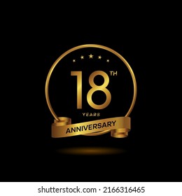 18 years anniversary logo with golden ring and ribbon for booklet, leaflet, magazine, brochure poster, banner, web, invitation or greeting card. Vector illustrations.