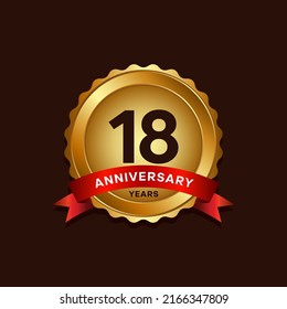 18 years anniversary logo with ribbon, golden Anniversary for booklet, leaflet, magazine, brochure poster, banner, web, invitation or greeting card. Vector illustrations.