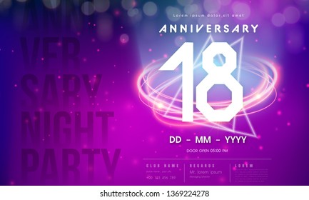 18 years anniversary logo template on purple Abstract futuristic space background. 18th modern technology design celebrating numbers with Hi-tech network digital technology concept design elements.