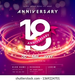 18 years anniversary logo template on purple Abstract futuristic space background. 18th modern technology design celebrating numbers with Hi-tech network digital technology concept design elements.