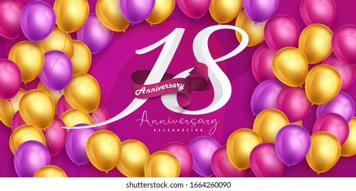 18 years anniversary logo template design on pink background and balloons. 18th anniversary celebration background with pink ribbon and balloons. Party poster or brochure template. Vector illustration