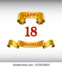 18 years anniversary logo template. Red numbers with golden ribbon.
