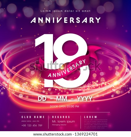18 years anniversary logo template on purple Abstract futuristic space background. 18th modern technology design celebrating numbers with Hi-tech network digital technology concept design elements.