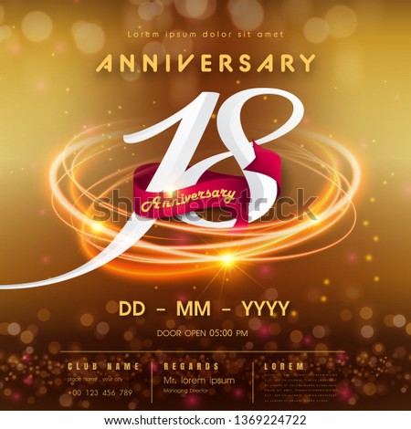 18 years anniversary logo template on golden Abstract futuristic space background. 18th modern technology design celebrating numbers with Hi-tech network digital technology concept design elements.