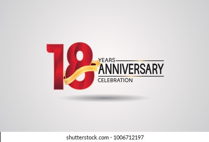 18 years anniversary logotype with red color and golden ribbon isolated on white background for celebration event