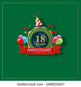 18 years anniversary - modern design celebrating. 18 years anniversary celebration simple logo. ribbon,balloon, gold emblem