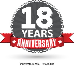 18 years anniversary retro label with red ribbon, vector illustration