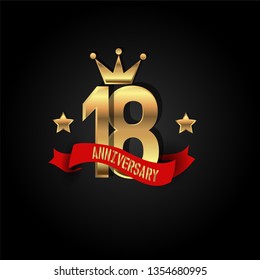 18 years Anniversary simple design with golden font, star and crown and red ribbon. Red ribbon and golden text on top golden number. My all design can see in my portofolio