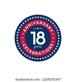 18 years anniversary. Anniversary template design, red and blue color with stars, design for event, invitation card, greeting card, banner, poster, flyer, book cover and print. Vector Eps10