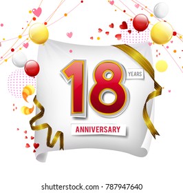 18 years anniversary vector illustration, banner, flyer, logo, icon, symbol. Graphic design element with flag, balloon, ribbon, confetty. Birthday greeting, event celebration