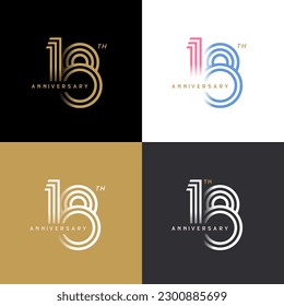 18 years anniversary vector number icon, birthday logo label, black, white and colors stripe number