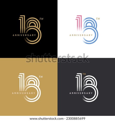 18 years anniversary vector number icon, birthday logo label, black, white and colors stripe number