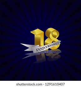 18 years anniversary Vector Template Design with golden color and silver ribbon isolated on blue sunburst background illustration for celebration event - Vector
