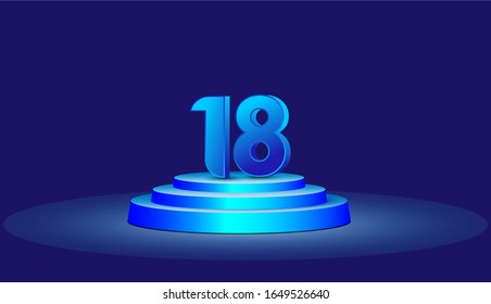 18 Years Anniversary Vector Template Design Illustration. Blue 3d Numbers with podium stage for celebration