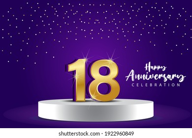 18 Years Anniversary Vector Template Design Illustration. Blue 3d Numbers with podium stage for celebration