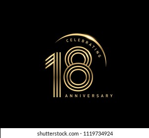 18 years gold anniversary celebration simple logo, isolated on dark background. celebrating Anniversary logo with ring and elegance golden color vector design for celebration, 
