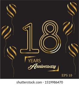 18 years gold anniversary celebration simple logo, isolated on dark background