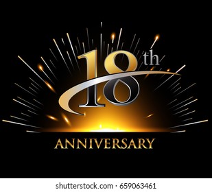 18 years golden anniversary logo celebration with firework and swoosh on dark background
