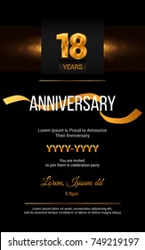 18 Years Golden Anniversary Logo Celebration and Invitation Card with gold ribbon Isolated on Dark  Background