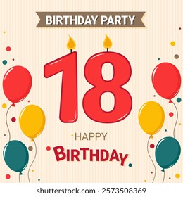 18 years old. Birthday. Party invitation card. The number 18 and balloons. 