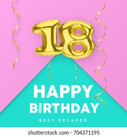 18 years old happy birthday pink girly vector banner with gold balloon 3d numbers and ribbon