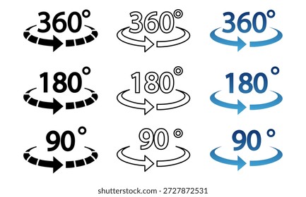 180, 90, 360 degrees vector icon set. Round signs with arrows rotation to 180 degrees.180 degree angle half circle than 360 degree. 180 degrees logo, label, badge, symbol, banner, black, line, isolated.