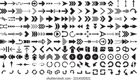 180 Arrows big black set icons.Arrow icon.Arrow vector collection.Modern Cursor Arrows.Set of arrows.Collection of concept arrows for web design.Blacks on white background.