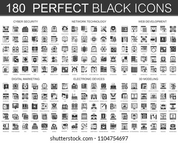 180 cyber security, network technology, web development, digital marketing, electronic devices, 3d modeling classic black mini concept symbols. Vector modern icon pictogram illustrations set.