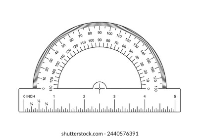 180 degree protractor, ruler or set square. protractor icon. Grids for a ruler in inch. 0, 45, 90 or 180 degrees. Rulers INCH scale. Scale bars for rulers. School tools sign.