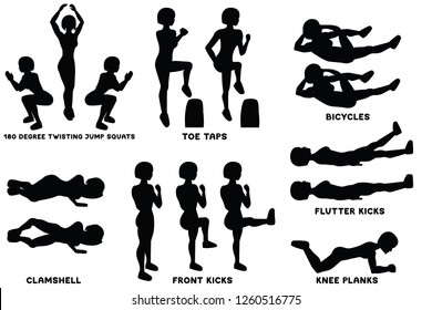 180 degree twisting jump squats. Toe taps. Bicycles. Clamshell. Front kicks. Knee planks. Sport exersice. Silhouettes of woman doing exercise. Workout, training Vector illustration