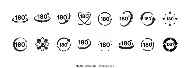 180 degree views icon set. Signs with arrows to indicate the rotation or panoramas to 360 degrees. Isolated on white background