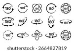 180 degrees vector icon set. Round signs with arrows rotation to 180 degrees.180 degree angle half circle than 360 degree. 180 degrees logo, label, badge, symbol, banner, black, line, isolated.
