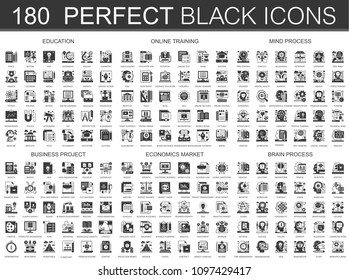 180 education, online learning, brain mind process, business project, economics market classic black mini concept icons symbols. Vector modern icon pictogram illustrations set.