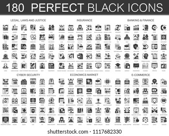 180 legal, laws and justice, insurance, banking finance, cyber security, economics market, e-commerce classic black mini concept symbols. Vector modern icon pictogram illustrations set.