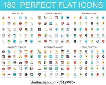 180 Modern Flat Icon Set Of Education, Online Learning, Brain Mind Process, Business Project, Economics Market Icons.