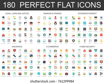 180 Modern Flat Icon Set Of Legal Law Justice, Banking Finance, Economics Market, Insurance, E Commerce, Cyber Security Icons.