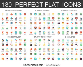 180 modern flat icons set of business analysis and motivation, essentials, startup development, e commerce and finance project icons.