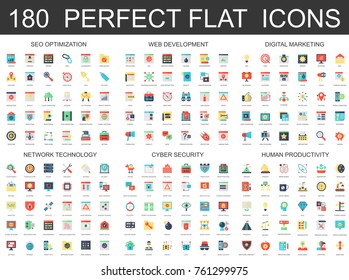 180 Modern Flat Icons Set Of Seo Optimization, Web Development, Digital Marketing, Network Technology, Cyber Security And Productivity Icons.